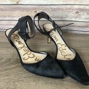 Sam Edelman black fur heels with straps. Size 6.5